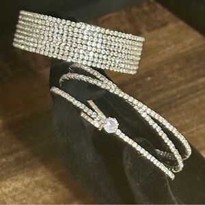 Silver Rhinestone Cuff and Double-Strand Bracelet
